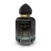 A studio shot of a black glass perfume bottle with a faceted black cap and gold accents. Voir les images du produit