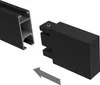 A black metal curtain rod end piece and a black metal curtain rod profile are shown, with an arrow indicating connection. Produktbild-Vorschau