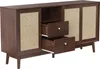A wooden sideboard with rattan accents and open drawers, displayed against a white background. Produktbild-Vorschau