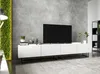 A modern living room with a sleek white TV stand against a textured gray wall. Produktbild-Vorschau
