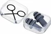 A clear, well-lit studio shot of a pair of reusable earplugs and a pair of black ear loops in a clear plastic case. Produktbild-Vorschau