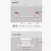 Diagrams showing the 'OPEN' and 'CLOSED' states of a ceiling-mounted automatic clothes drying rack, with dimensions and model information. Produktbild-Vorschau