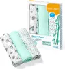 A product shot of three rolled-up baby blankets with a packaging box in the background. Produktbild-Vorschau