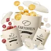 A collage of cream-colored metal storage containers for potatoes, onions, and garlic, with the vegetables shown around and inside them. Produktbild-Vorschau