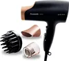 A black Panasonic hair dryer with rose gold accents and three attachments is displayed against a white background. Podgląd zdjęcia produktu