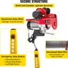 A red and silver electric hoist with yellow control pendants and a close-up of galvanized steel wire, presented with descriptive text boxes. Náhľad obrázku produktu