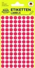 A sheet of red circular labels on a white background, with product information and branding at the top. Anteprima dell’immagine prodotto
