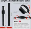 Diagram showing a length-adjustable silicone collar and extension band with measurements and usage notes. Náhled obrázku produktu
