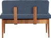 A back view of a blue upholstered bench with wooden legs and supports. Voir les images du produit