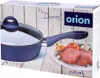 The image shows the packaging of a blue frying pan with a glass lid and a plate of raw meat, onions, tomatoes, and garlic. Produktbild-Vorschau