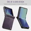 Two purple flip phone cases are displayed against a light gray background. The case on the left is closed and shows a card slot. The case on the right is open, revealing the phone screen. Produktbild-Vorschau