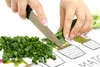 Hands chopping green onions on a cutting board with a cactus design. Voir les images du produit