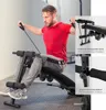 A man is using a sit-up bench in a gym-like setting. Inset images show product details. Náhled obrázku produktu