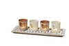 Four heart-shaped candle holders on a decorative tray filled with white stones. Produktbild-Vorschau