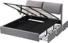 A gray upholstered bed frame with the mattress support raised to reveal storage. Three drawers are visible underneath one side of the bed frame. Produktbild-Vorschau