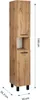 A tall, narrow cabinet with a wood-grain finish and black legs, shown against a white background with dimensions indicated. Podgląd zdjęcia produktu