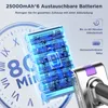 A close-up marketing image showing a vacuum cleaner battery pack and charging port, with graphic overlays highlighting features and specifications. Produktbild-Vorschau