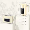 A cream-colored toaster and kettle set are displayed on white pedestals, with dimensions and capacity information overlaid. Produktbild-Vorschau