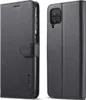 A black leather flip case for a Samsung Galaxy M32 4G phone is shown from two angles. Produktbild-Vorschau