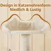 A close-up view of a cat tree platform with a fluffy, cream-colored surface, designed to resemble cat ears. Text overlays describe the design. Produktbild-Vorschau