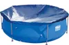 A blue round swimming pool with a blue tarp cover, supported by gray metal poles. Produktbild-Vorschau