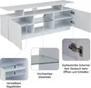 A white TV cabinet with doors and shelves, with close-up insets showing adjustable shelves, glass shelves, and a hydraulic hinge. Náhľad obrázku produktu