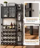 A multi-level black wine rack with glass doors and shelves, featuring inset images highlighting product features like wall mounting and non-slip feet. Anteprima dell’immagine prodotto