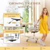 A young girl in a yellow dress stands next to an adjustable desk chair in a bright room. The image includes callouts highlighting the chair's features. Produktbild-Vorschau