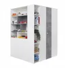 A white corner wardrobe with gray concrete-effect panels and shelves filled with books and decorative items. Produktbild-Vorschau
