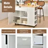 A white kitchen cart with a wooden countertop is shown, with various items on its shelves and a drawer. The image is divided into sections highlighting features. Podgląd zdjęcia produktu