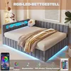 A bed with LED lighting and a smartphone app interface shown in the foreground. Produktbild-Vorschau