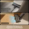 Close-up shots of a cordless vacuum cleaner head demonstrating its features on different surfaces, with text overlays explaining the benefits. Produktbild-Vorschau