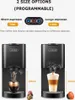Collage showing two coffee machines, one making a short espresso and the other making a lungo espresso, with text and diagrams explaining size options. Produktbild-Vorschau