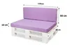 A white pallet sofa with purple cushions, shown with dimensions indicated by text overlays. Produktbild-Vorschau