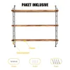 A three-tiered wall shelf with wooden planks and a black metal frame, shown against a white background. Below the shelf, there are diagrams and labels pointing to the components and hardware. Produktbild-Vorschau