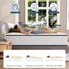 A woman is lying on a mattress in a bedroom setting, with diagrams illustrating the mattress's features. Voir les images du produit