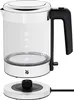 A glass electric kettle with a black handle and a silver base, shown disassembled from its power base, against a white background. Anteprima dell’immagine prodotto