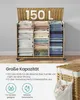 A wicker laundry basket with multiple compartments filled with folded clothes, with text overlays describing its capacity and features. Produktbild-Vorschau