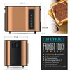 A collage showing a copper toaster with dimensions and product features listed. A slice of toast with chocolate spread is also shown. Náhľad obrázku produktu