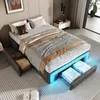 A modern bedroom with a bed featuring storage drawers and LED lighting. Produktbild-Vorschau