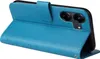 A blue flip case for a smartphone is shown open, revealing the phone's camera module. Produktbild-Vorschau