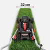 A lawnmower is shown on a strip of grass, with a measurement indicating its cutting width. Produktbild-Vorschau