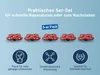 A marketing image showing a set of red tellermodule parts for a slatted bed base, with accompanying feature icons and text. Produktbild-Vorschau