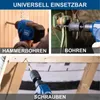A collage of three images showing a cordless drill being used for hammer drilling, drilling, and screwing, with German text labels. Produktbild-Vorschau