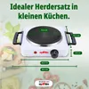A white electric hot plate is shown on a countertop with ingredients like basil, tomatoes, and cheese around it. Text overlays provide product information and dimensions. Produktbild-Vorschau