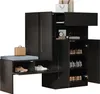 A black shoe cabinet with a bench and storage compartments, displaying shoes and accessories. Produktbild-Vorschau