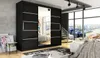 A modern bedroom with a large black wardrobe with mirrored doors, a bed, and a large window overlooking a city. Produktbild-Vorschau