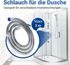 A shower hose is shown coiled in the foreground, with a shower cabin in the background. A circular graphic with text is overlaid on the image. Produktbild-Vorschau