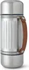 A silver thermos bottle with a brown strap is shown against a white background. Voir les images du produit