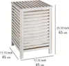 A white wooden laundry basket with dimensions indicated by measurement lines and text. Produktbild-Vorschau